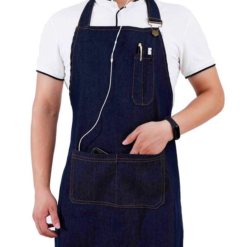 Tosewever Denim Apron with Pockets for Men Women Chef Kitchen BBQ Restaurant Grill Adjustable Neck Strap Long Ties Suitable M to XXL Tool Aprons (Dark Blue) - Image 4